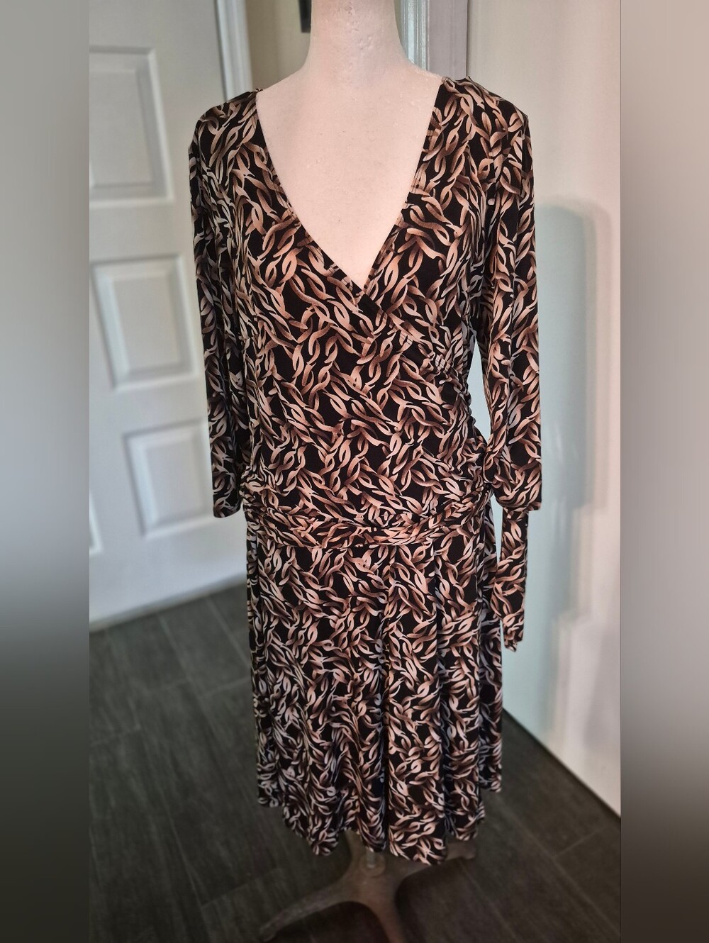 AB Studio Black Dress with Cream Leaf Print